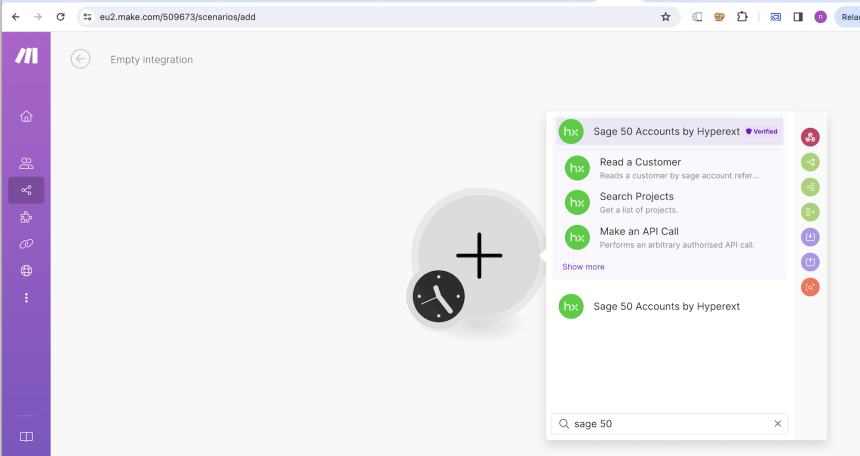 How to find Sage 50 Accounts by Hyperext app on Make