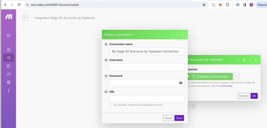 Setup of Make User Interface Scenario with Sage 50 Accounts Connector by Hyperext