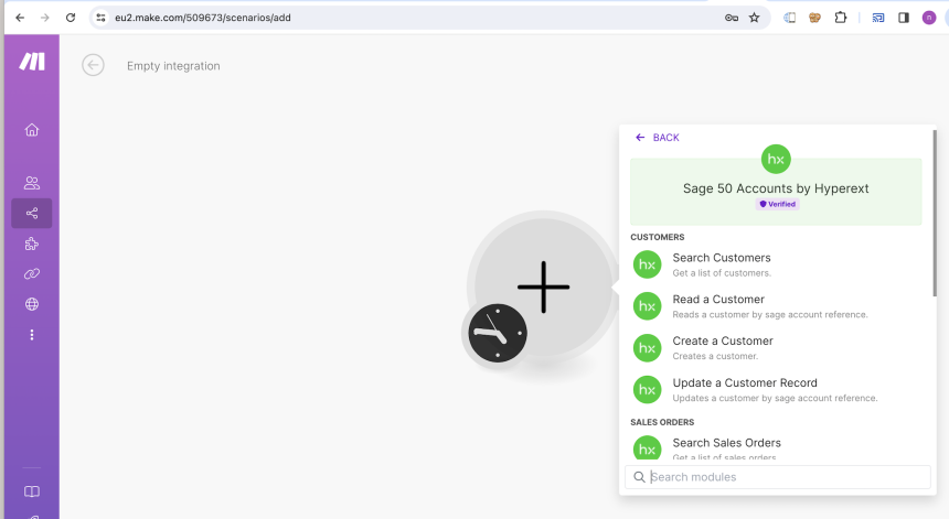 Setup of Make User Interface Scenario with Sage 50 Accounts Connector by Hyperext